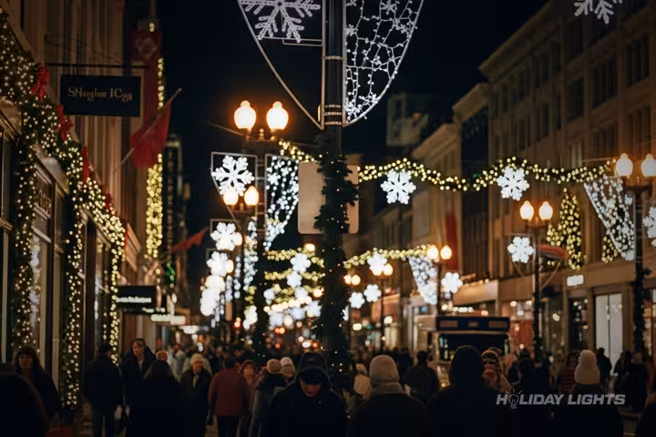 Downtown Massachusetts decorated with professional string lights on trees and lamp posts